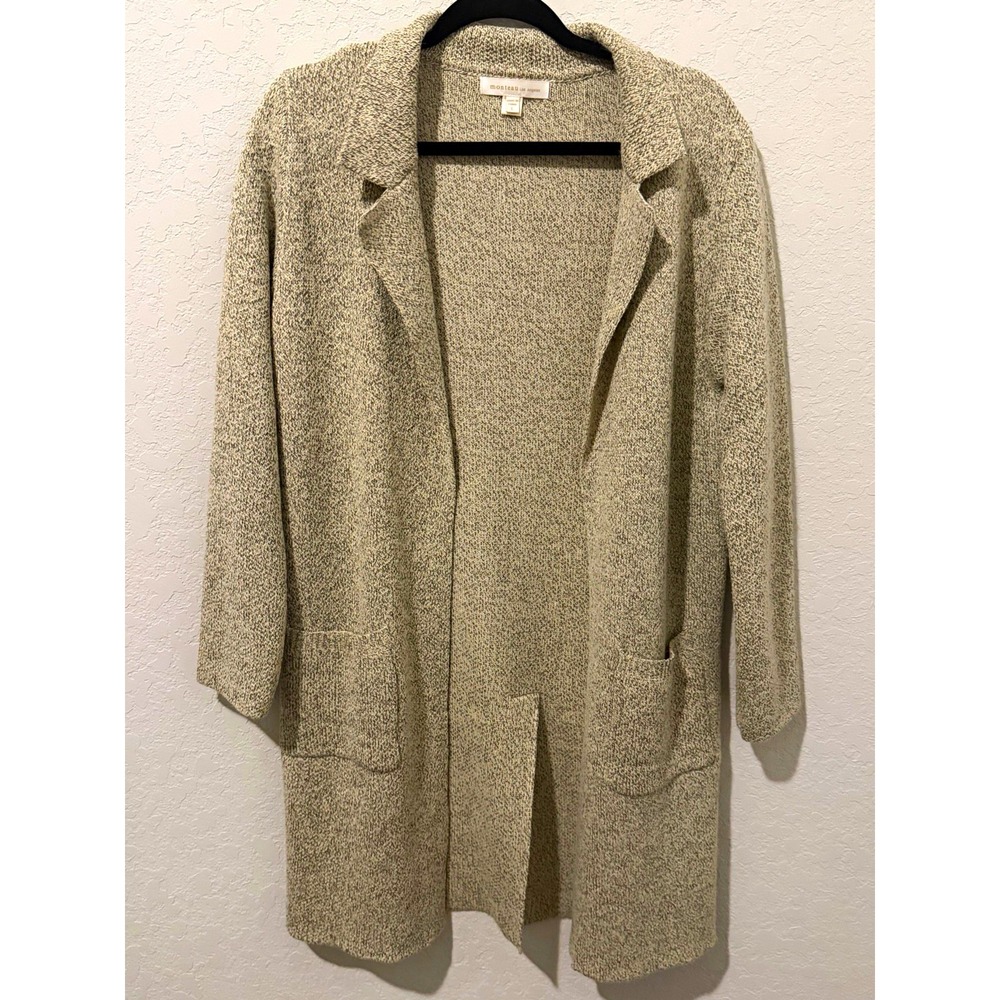 Monteau Los Angeles Beige Solid Knit Collared Open Cardigan Pockets L